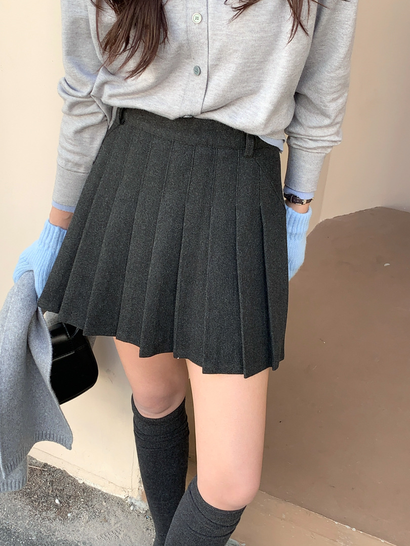 GAGD Thickened Woolen Pleated Skirt Skirt Women's Autumn and Winter College Style All-match Casual High Waist A- Line Skirt Lining