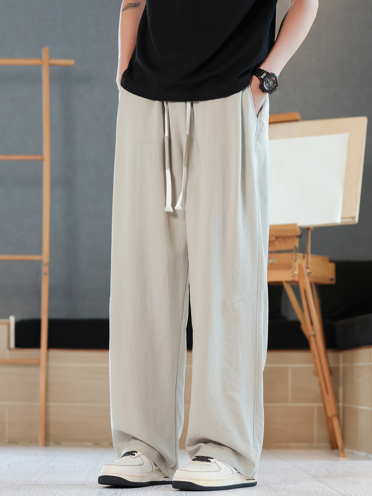 Jianheng Light Luxury Minimalist Linen Pants for Men, Summer Thin Cotton-Linen Ice Silk Men's Straight Casual Drape Wide-Leg Pants