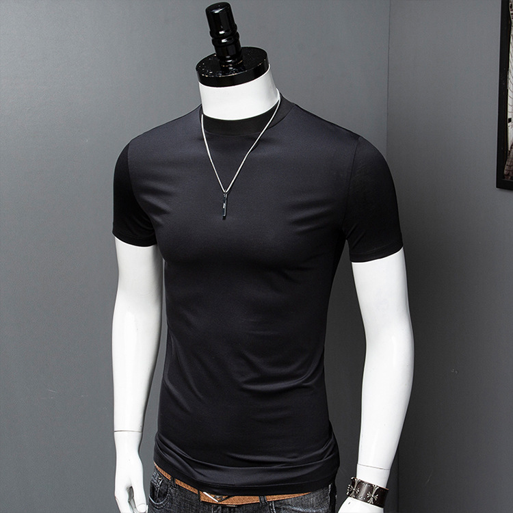 Short-sleeved T-shirt men's 80 double mercerized cotton high quality men's fashion slim-fit solid color small turtleneck bottoming shirt top Foto QC de 1688 na Qualit.ly