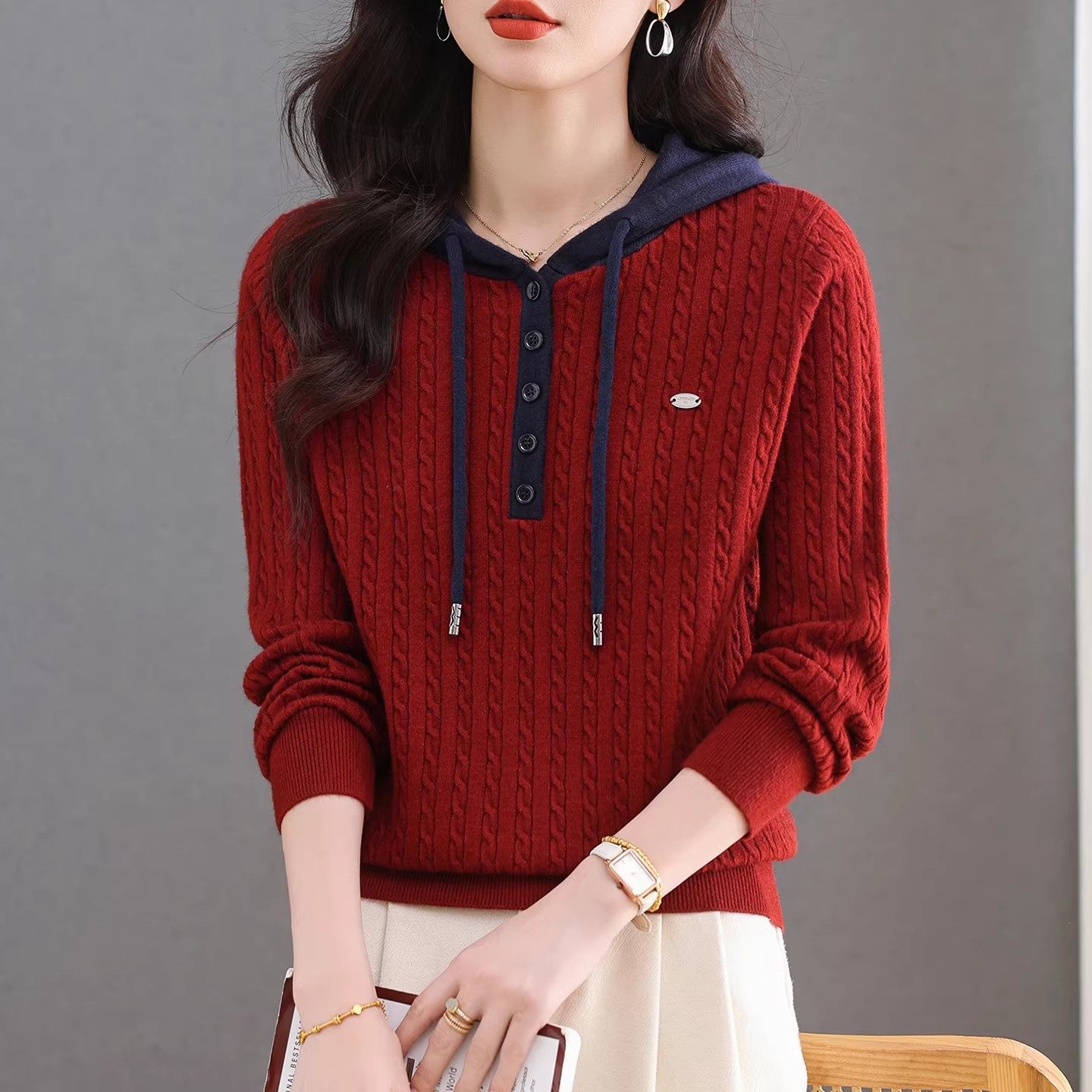 Korean-Style Loose Pullover Sweater with Long Sleeves, Versatile for Autumn and Winter, Hooded Knit Color-Blocked Cashmere Base Shirt Sweatshirt for Women