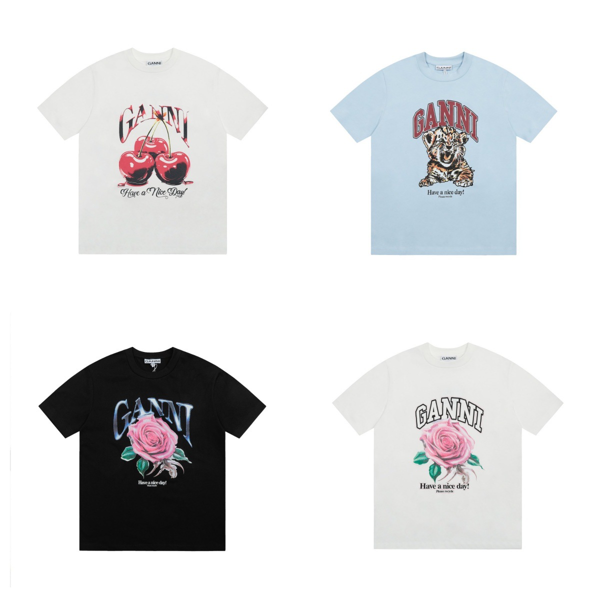 2025 Summer New Oan Letter Sun Smiley Face Print Popular Same Style Round Neck Loose Short-Sleeved T-Shirt for Men and Women