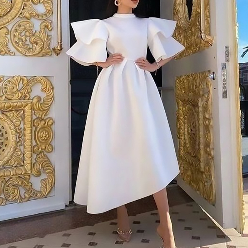 D3151 Cross-Border Women's Clothing 2023 Summer New Double-Layer Lotus Leaf Sleeves Pure Color Asymmetrical Dress European and American Dress