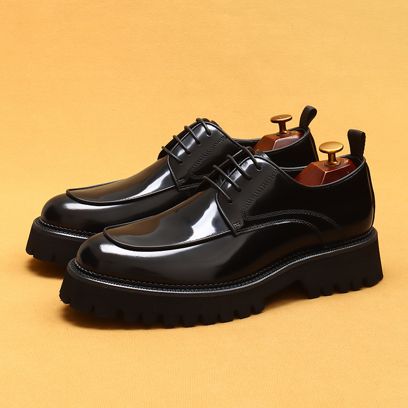 [Exclusively for Vips] Men's Thick-Soled Leather Shoes, Round-Toe Shiny Leather Business Casual Shoes, Genuine Leather Height-Increasing British Derby Shoes