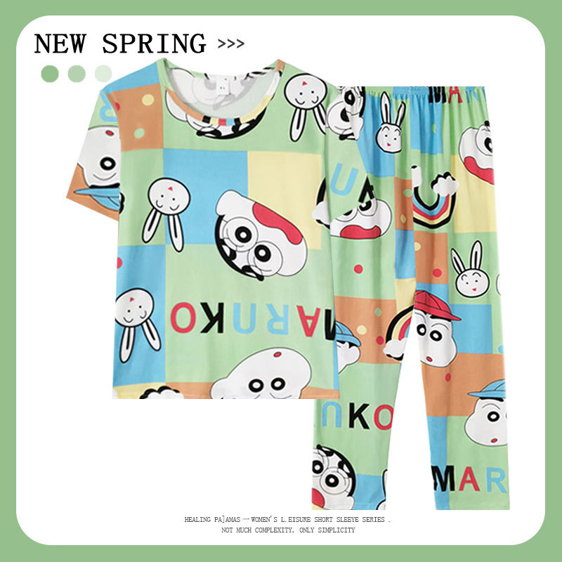 Pajamas Women's Summer Japanese Style Cartoon New Joint Crayon Shin New Crewneck Short-sleeved Trousers Cute Home Clothes suit