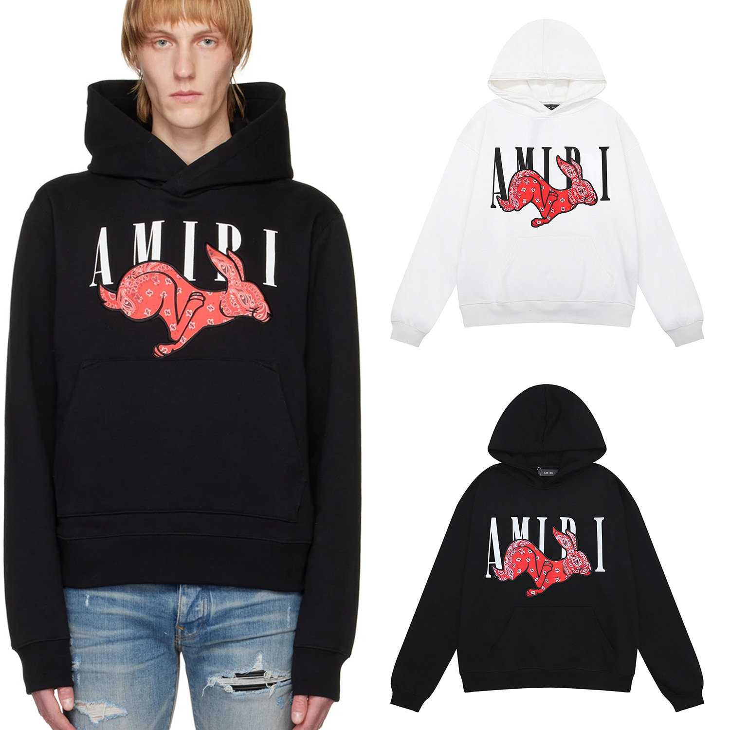 Amiri Cross-Border Wholesale American Fashion Accessible Luxury Rabbit Print Limited Edition High-Quality Terry Casual Loose Hoodie