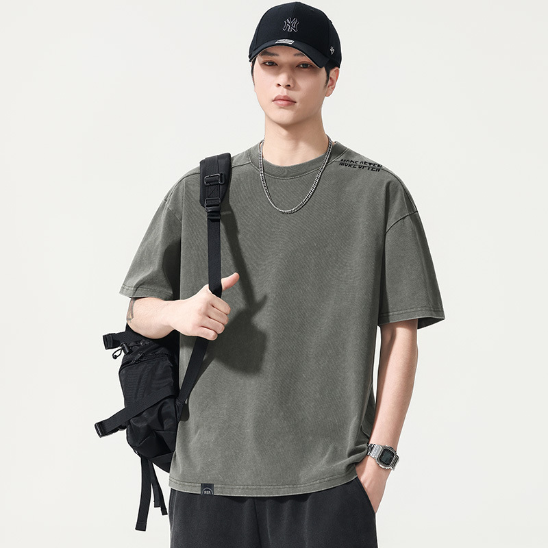 T2862 | Plus-Size Men's Summer New Pure Cotton Washed T-Shirt, Loose Fit, Trendy Brand, Vintage Distressed Print, Short Sleeve.