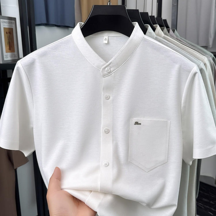 Men's Short-Sleeved Business Casual Thin Trendy Shirt New Style Solid Color Seamless Linen Chinese Style Stand-Up Collar Short-Sleeved Shirt