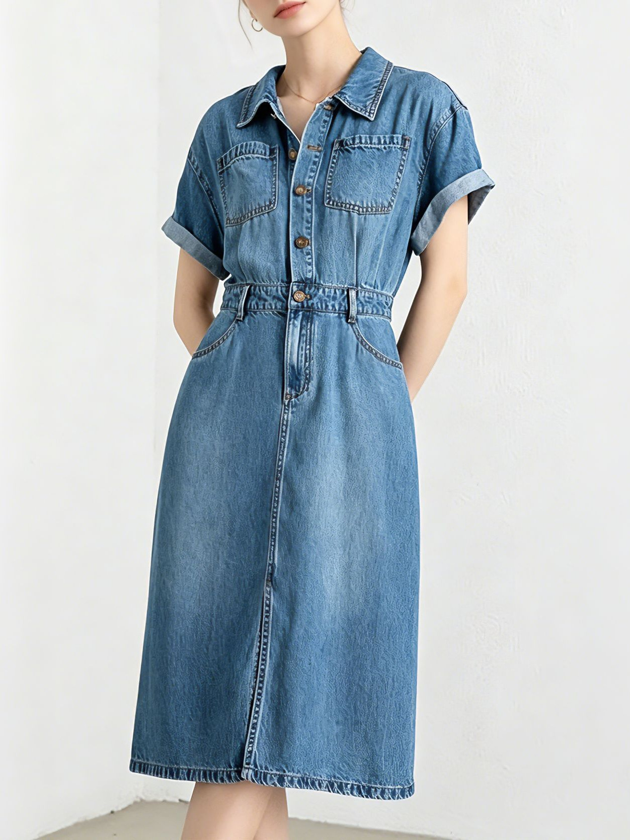 Xingge Summer Tencel Acetate Denim Dress: Drapes Smoothly, Is Soft and Breathable, Cinches the Waist for a Slimming Effect, and Exudes a Sense of Elegance