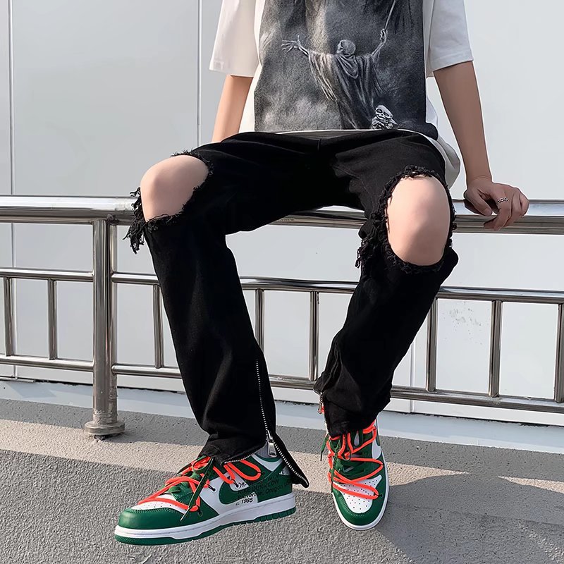 Large Knee Hole Black Jeans Men's Small Straight Foot American Style Vibe Style Summer Zipper Split Straight Trendy Trousers