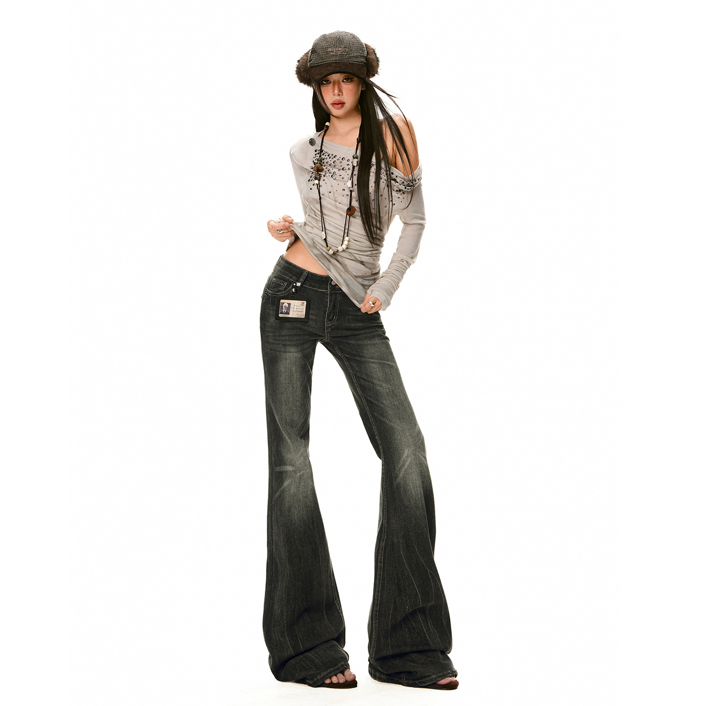 Black and Gray Slim-Fit American Retro Flared Jeans 2026 Spring New Style Low-Waist Versatile Washed Long Pants