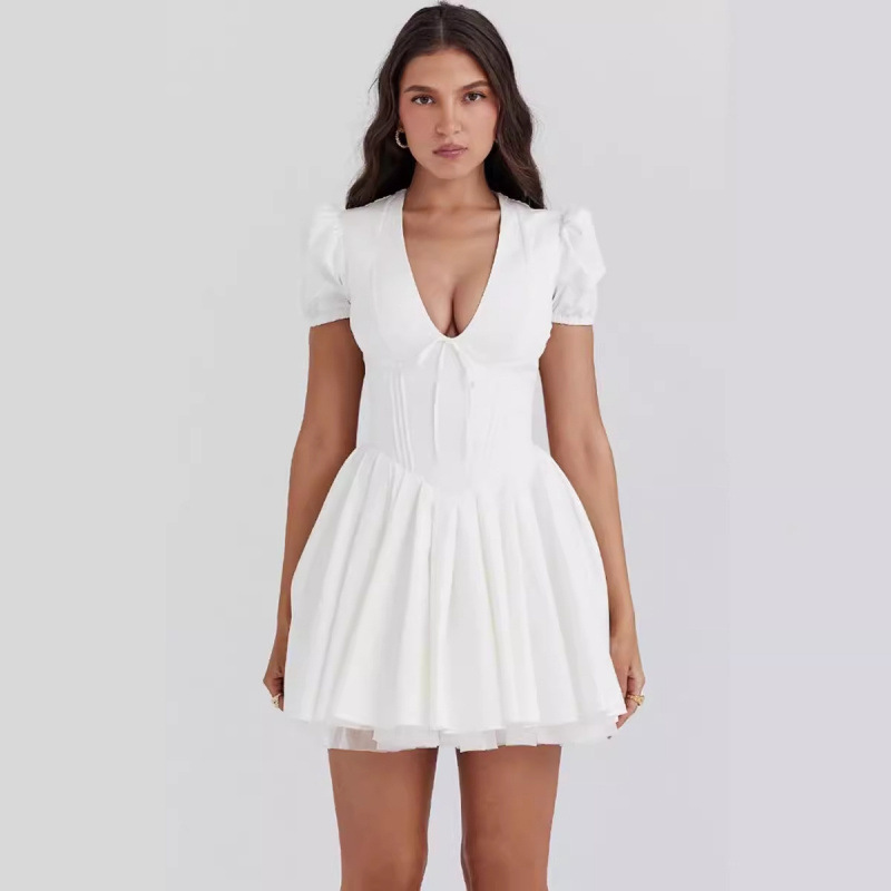 Cross-Border Women's Clothing Wholesale 2026 French Style Puff Sleeve Deep V-Neck Pure Desire Waist-Cinching Slimming Dress Vacation Short Dress