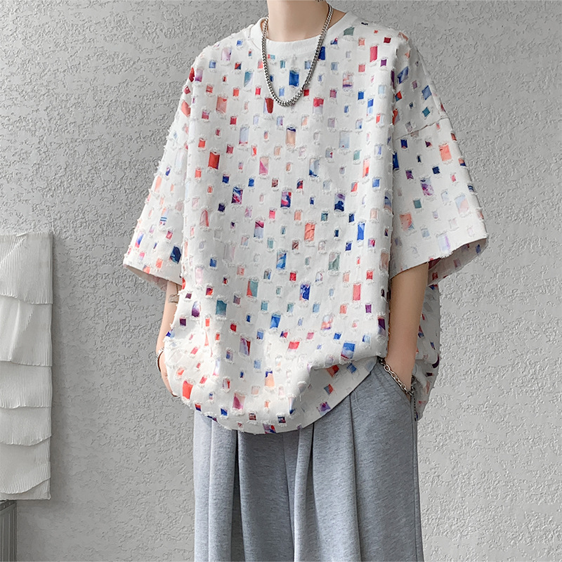 Washed ripped Design half sleeve T-shirt Summer 2024 new trendy plus size short sleeve T-shirt men's and women's tops T