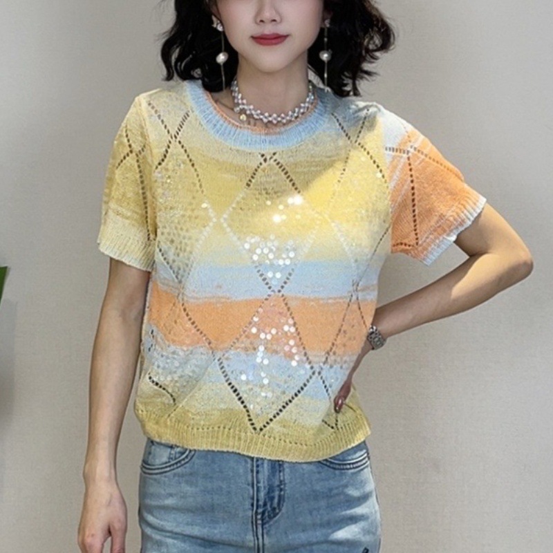 "3.24/Spring New Collection" Xuan Xiao Jie Rainbow Two-Piece Hollow-Out Ice Silk Knit Short-Sleeve T-Shirt