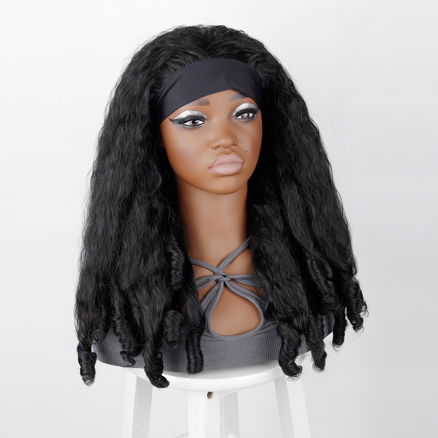 African Cross-Border Foreign Trade Women's Headscarf Wig Ice Silk Hairband Spiral Curly Long Hair Headband Wig