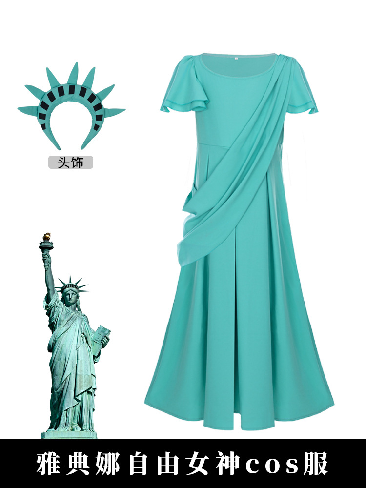 Halloween Costume Athena Green Party Long Dress Statue of Liberty Character Costume Summer Dress