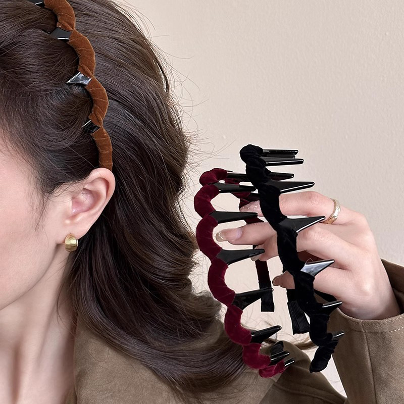 Fabric Velvet Wrap Wave Hair Hoop Women's 2024 New High-end Sense Toothed Non-slip Headband Fluffy Hair Clip Hair Accessories