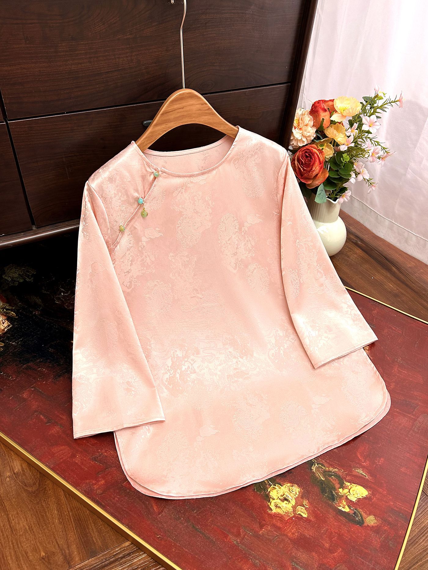Women's Jacquard Round-Neck Shirt with Diagonal Collar, Chinese Style Blouse, 2025 Summer Half-Sleeve Top, 2026 Spring New Style Wholesale