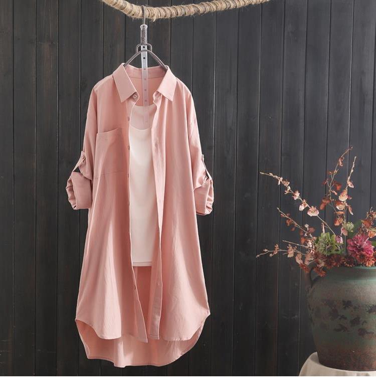 Mid-Length Cotton and Linen Shirt for Women, Niche New Style, Loose and Versatile Long-Sleeved Top, Plus Size, Slimming Outerwear