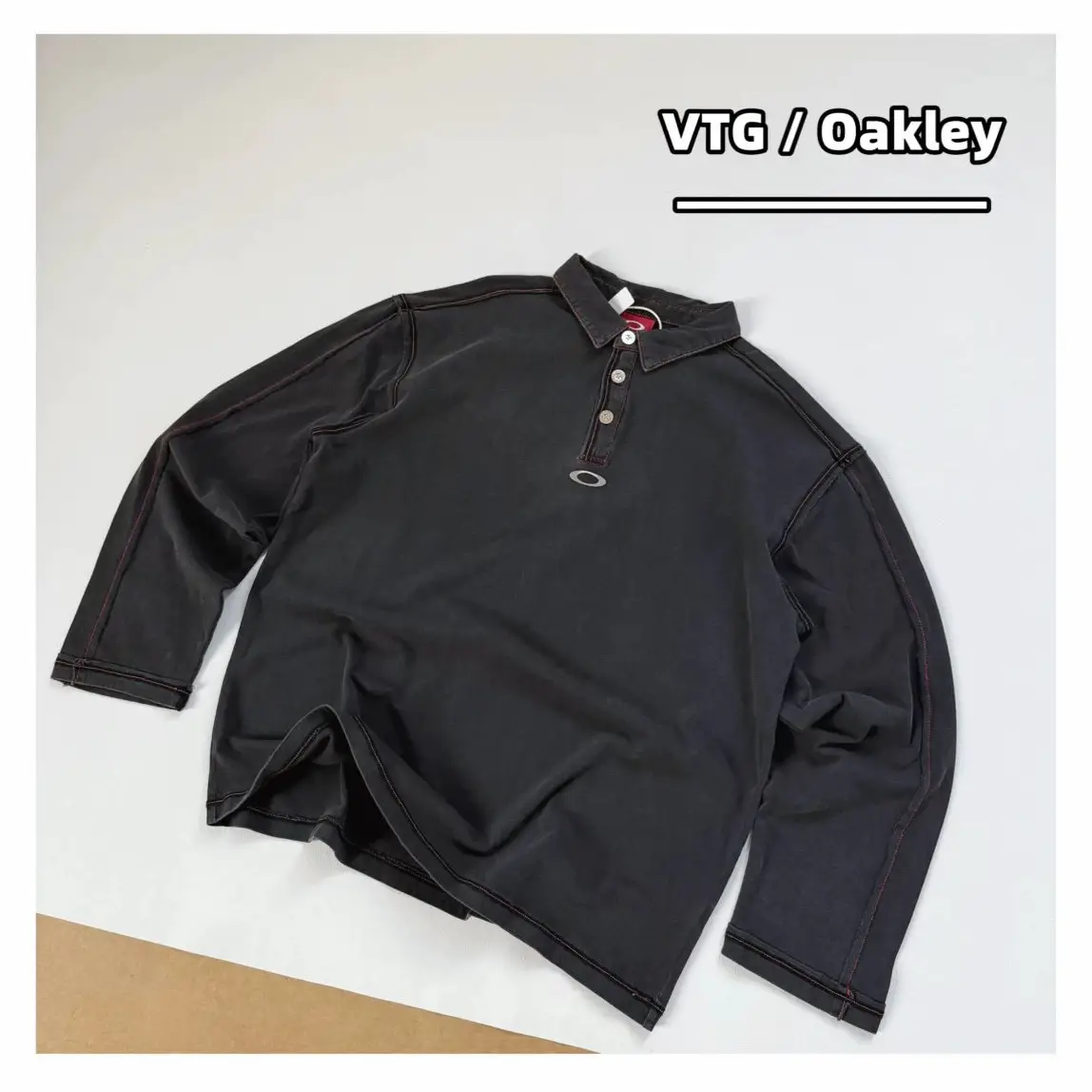 Vintage Second-Hand Oak Retro Deconstructed Color-Block Rolled-Edge Washed Long-Sleeve T-Shirt Polo Shirt for Men and Women