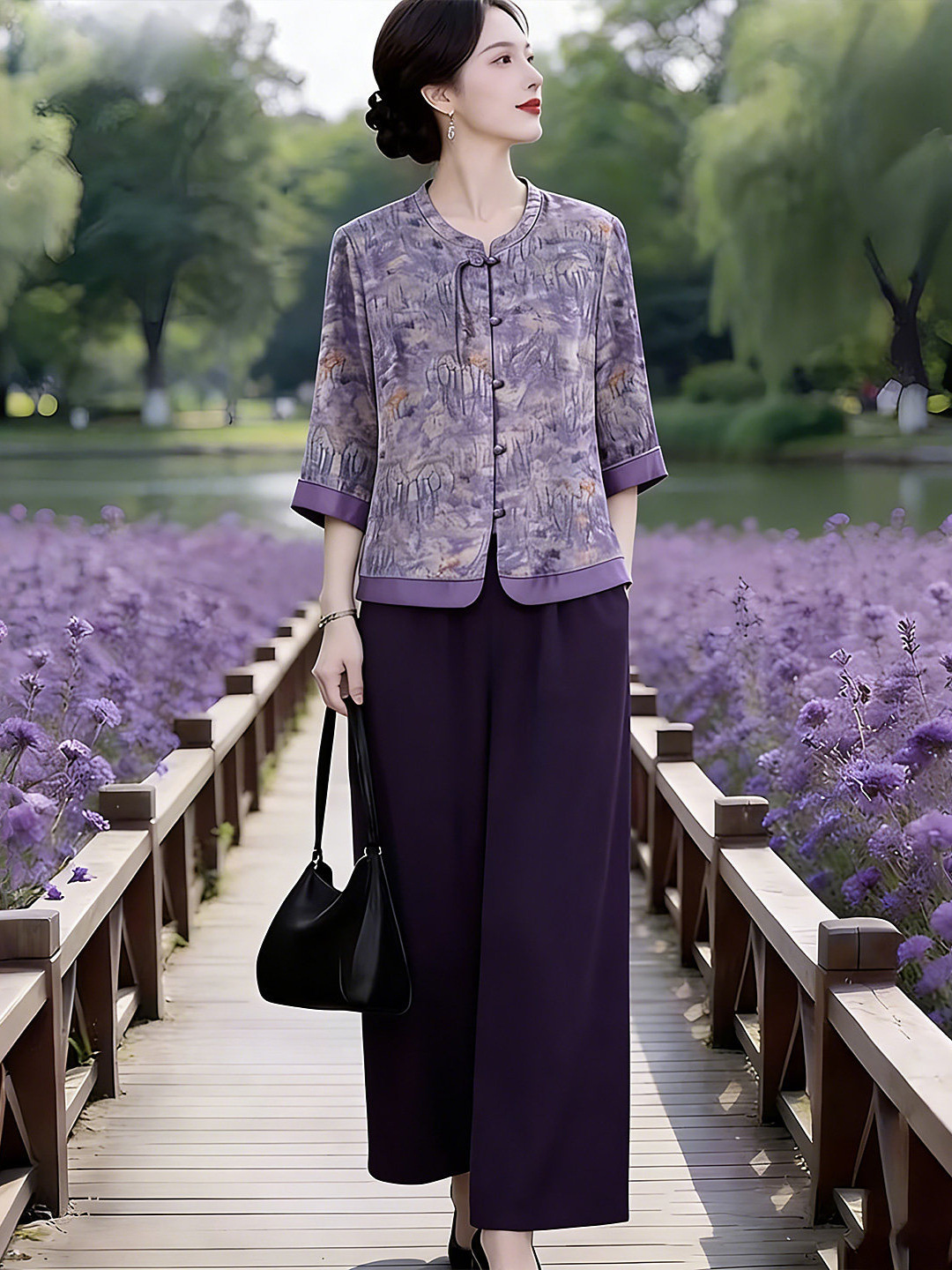 New Stylish Summer Outfit with Three-Quarter Sleeve Top Set for Middle-Aged and Elderly Women, Loose-Fitting Thin Summer Shirt Two-Piece Set
