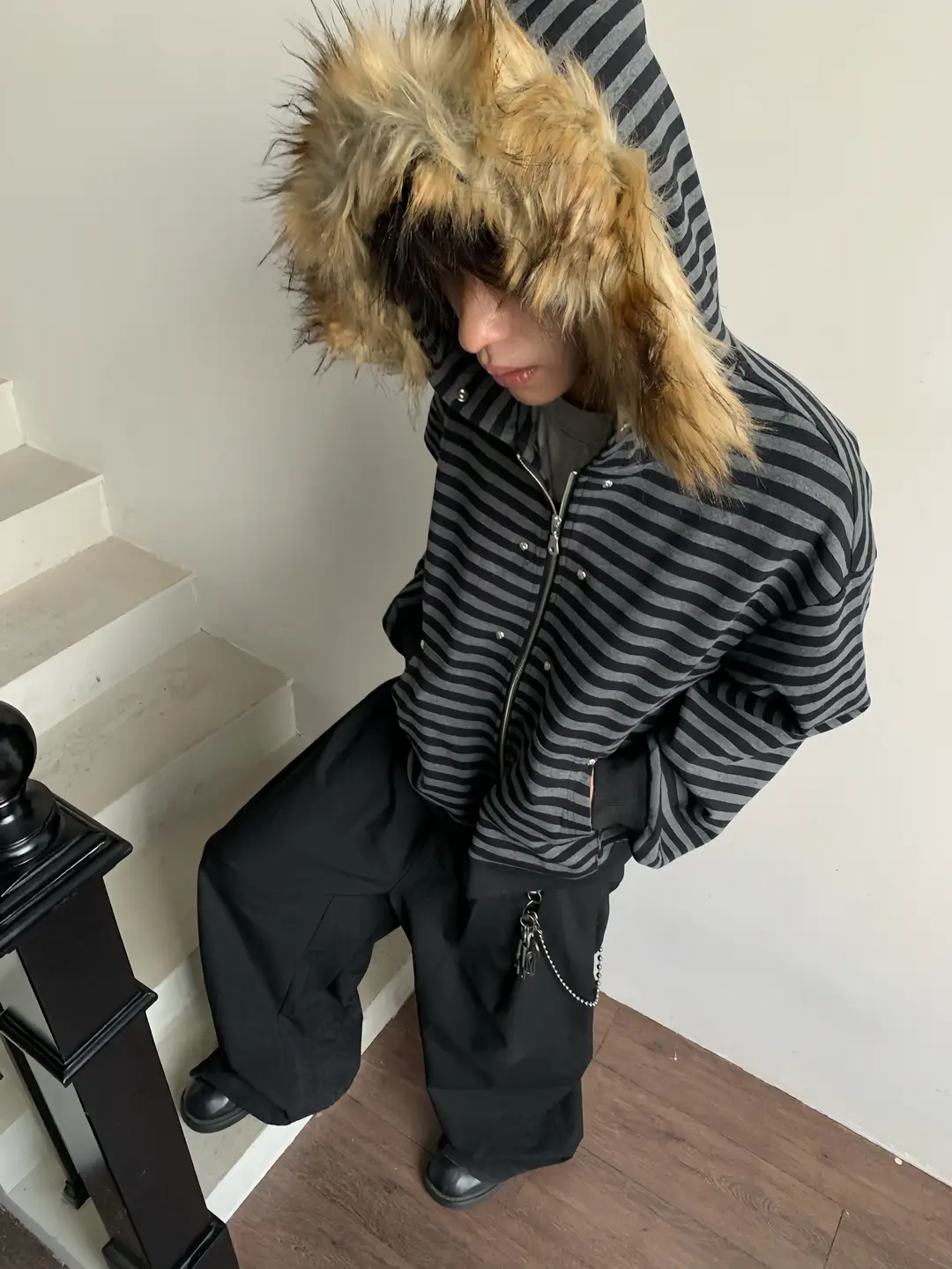 Uekk'Low Emotion' Retro Striped Fur Collar Hooded Sweatshirt for Men, Autumn Loose Zipper Jacket, Heavyweight Top