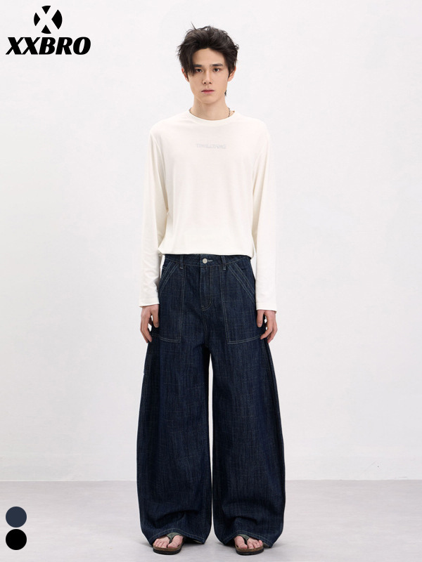 Muxi Clothing # Spring and Summer High Street Raw Denim Blue Wide-Leg Pants Versatile Scimitar Pants Workwear Pants Casual Jeans for Men