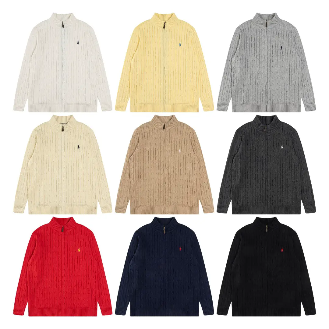 Cross-Border Rl Laff Full-Zip Nine-Color Classic Small Label Embroidered Logo Knitted Cable Cardigan Sweater for Men and Women