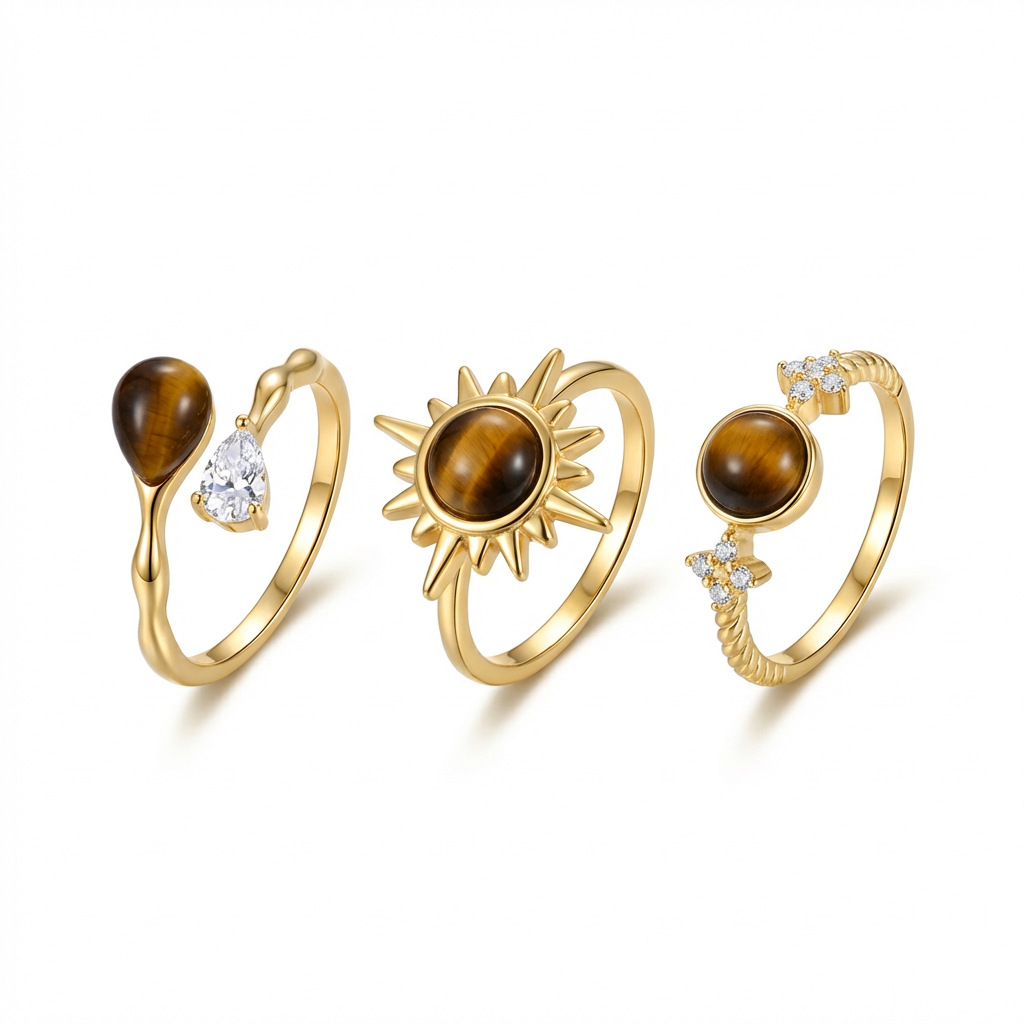 Gold Diamond-Encrusted Sunflower Tiger Eye Stone Ring Wholesale 2026 New Style High-End Niche Unique Design Ring for Women
