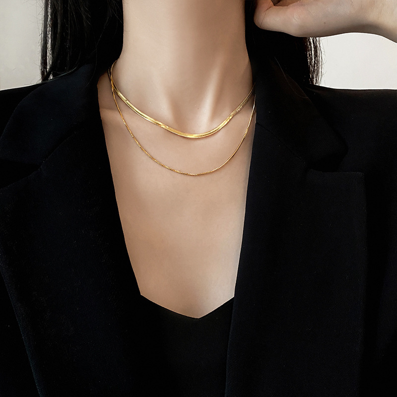 European and American Style Hot Girl All-match Titanium Steel Double Layer Stacked Necklace Women's ins Chain Snake Bone Chain Blade Chain Clavicle Chain
