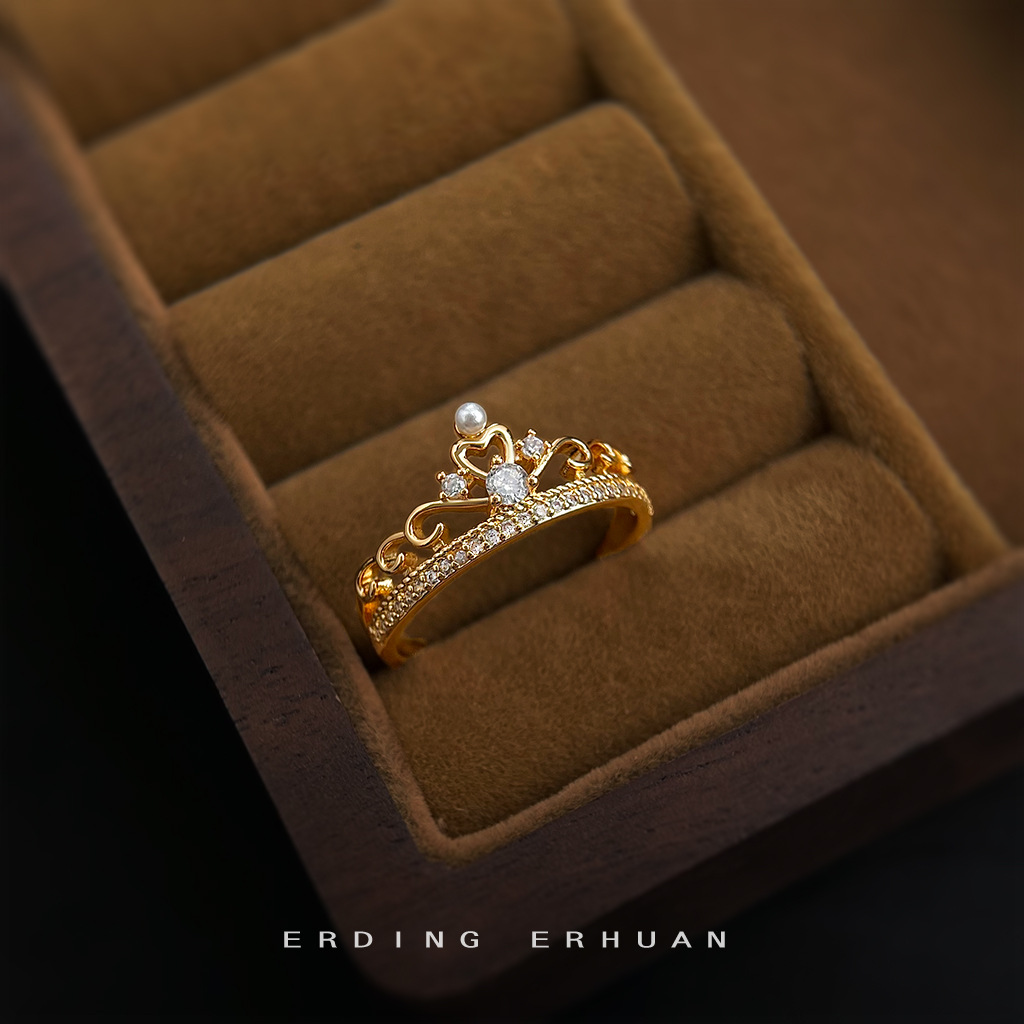 Lace Crown Micro-inlaid Zircon Electroplated 18K Real Gold Thickened Fashion Commuting High-end Light Luxury Style Finger Ring Ring