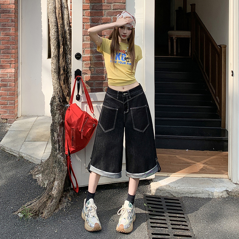 American-Style Black Designer Cropped Jeans for Women, 2026 Summer New Straight High-Waisted Loose Slimming Wide-Leg Pants