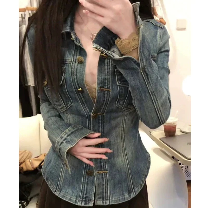 Vintage Blue Polo Collar Stretch Denim Shirt Women's Winter High-end Sense Tight Waist Slim-fit Slim Jacket Top