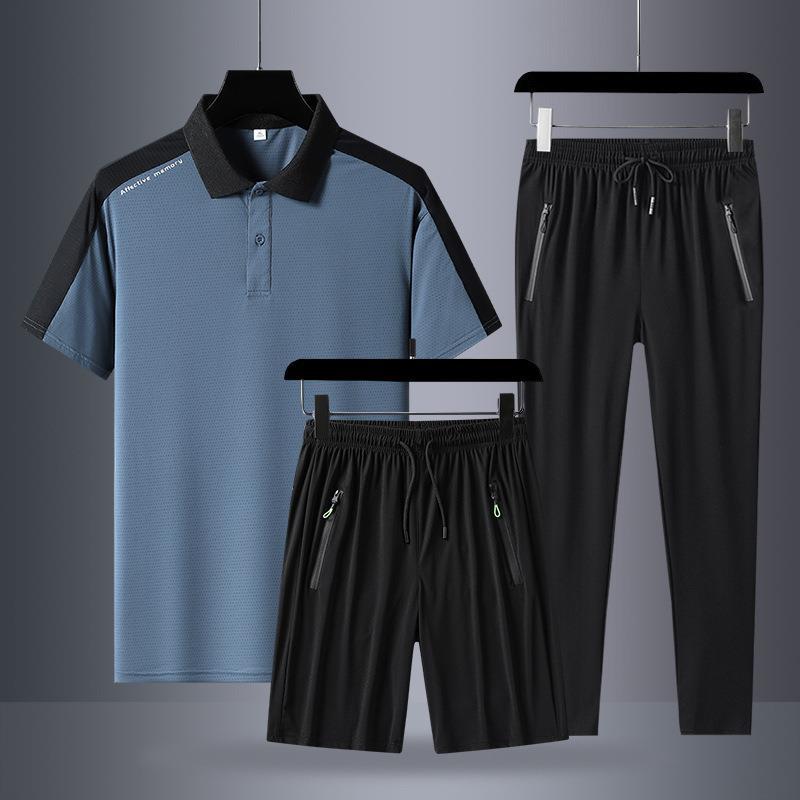 Dad's Ice Silk Sports suit Men's Quick-drying Casual Pants Short-sleeved Polo Shirt Men's Three-piece suit for Middle-aged and Elderly