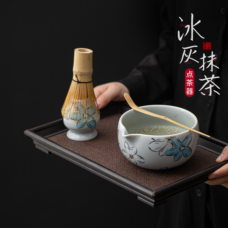 Japanese-Style Matcha Making Tea Ceremony Tools Set: 100-Prong Matcha Bowl Set, 100-Prong Tea Whisk Stand, Song Dynasty Tea Whisk Holder