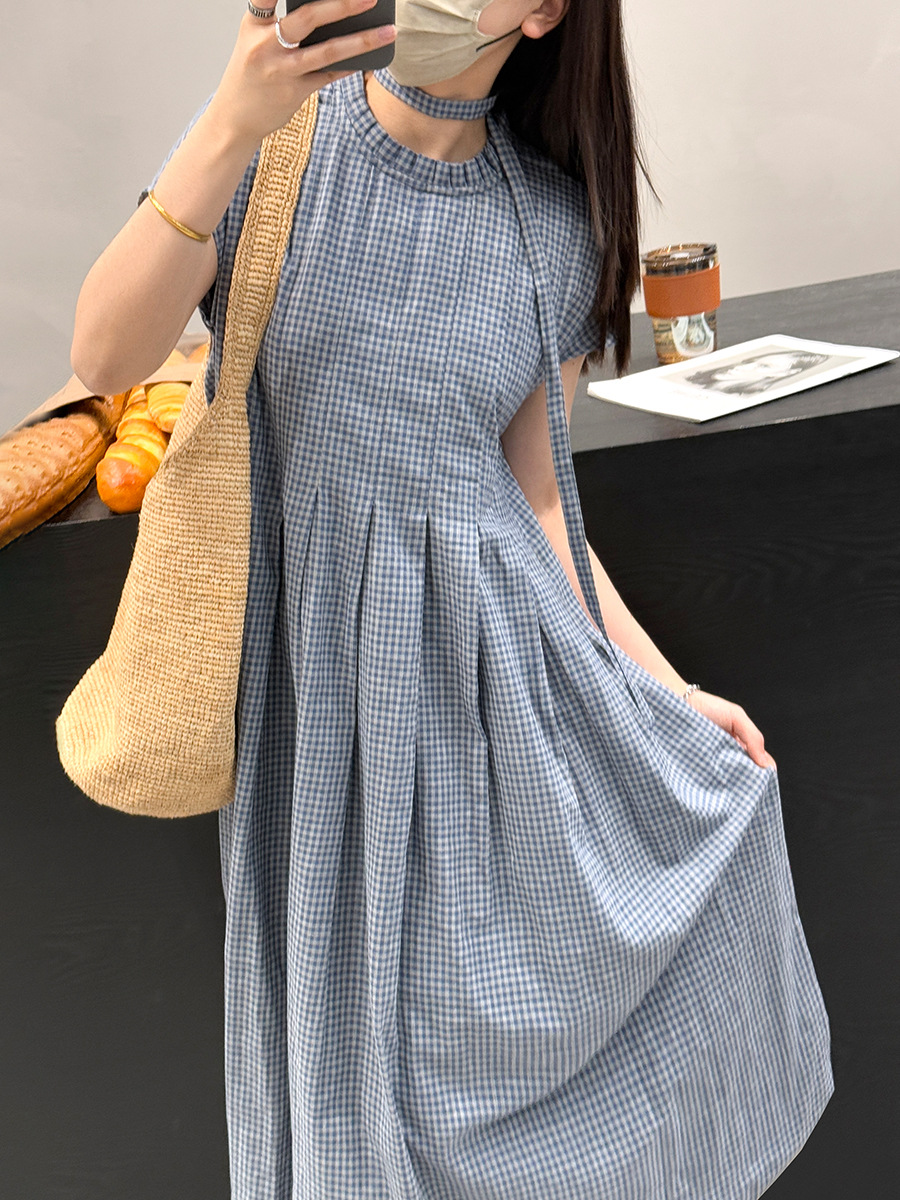Sucho Artistic Vintage Plaid dress Women's Summer New 100% Double Cotton Sleeveless Lace Collar