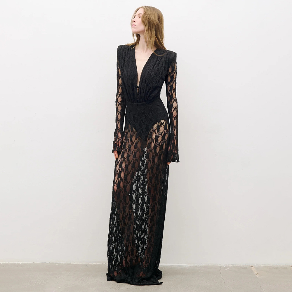 In stock | New French-Style Lace Long-Sleeve Lined Dress, European and American Women's Fashion Dress, Sexy Evening Gown