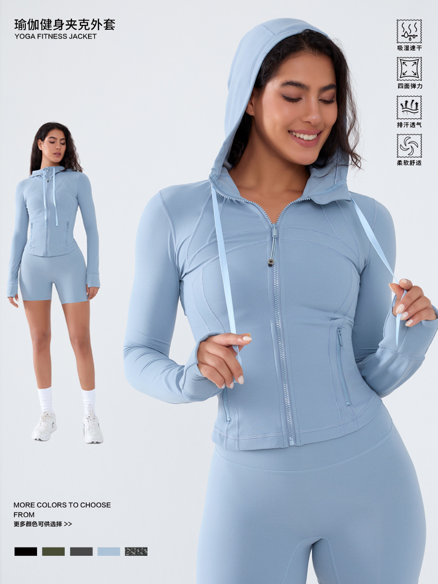 Yoga Wear Hooded Jacket Tops Women's Short Zipper Cardigan Waist Slimming Sports Fitness Wear Autumn and Winter