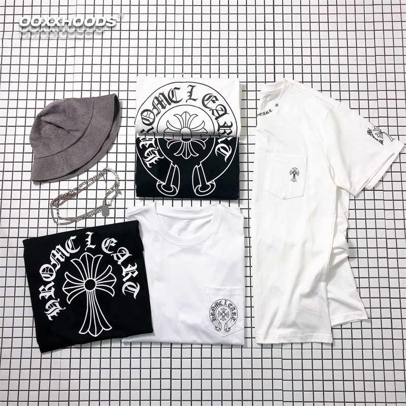Second-Generation Black and White Printed Pocket Hollow-Out Cross Gothic Letter Loose Combed Cotton Short-Sleeve T-Shirt