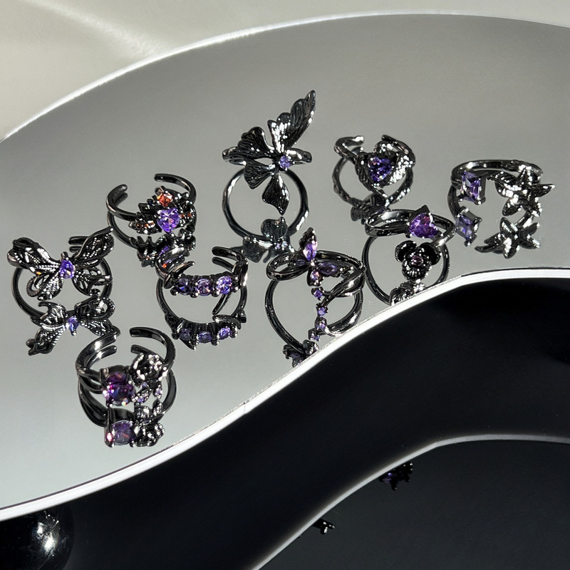 Sweet Cool Dark Style Purple Diamond Retro Open Ring Gender-Free Fashion European and American Punk High-Level Stacked Finger Ring
