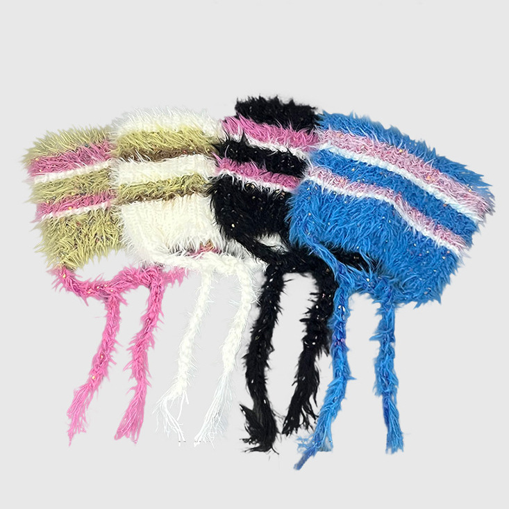 Japanese Y2K Striped Warm Fluffy Hat Children's Autumn and Winter Cat Ears Cute Lace-up Ear Guard Head Knitted Hat