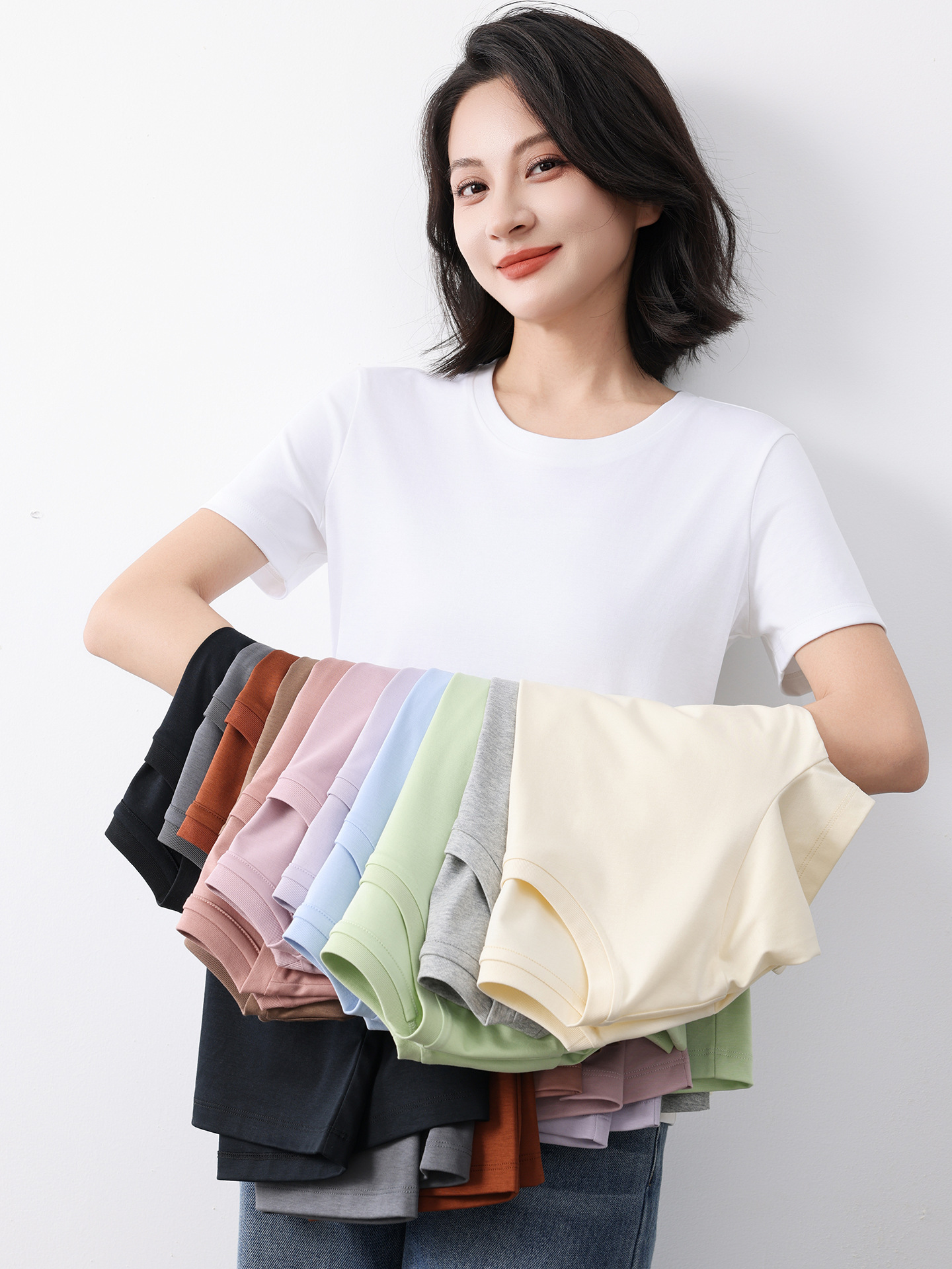 New Style Liquid Ammonia Cotton Ribbed Refreshing Regular Shoulder Round Neck Short-Sleeve T-Shirt for Women, Summer New Versatile Short Base Top