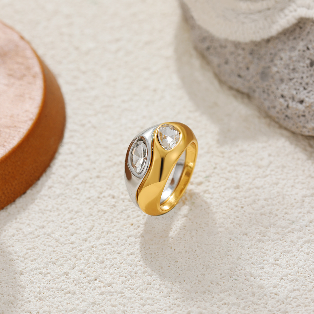 Copper-Plated 18K Gold and Silver Two-Tone Zircon Ring, European and American Cross-Border Jewelry, Inlaid with Pear-Shaped Zircon, Stackable Design
