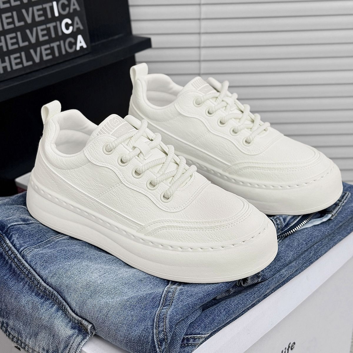 Beijiang Wolf Men's Shoes New Spring Men's Thick-Soled Casual Sneakers White Leather Trendy Versatile Breathable Internet Celebrity Shoes