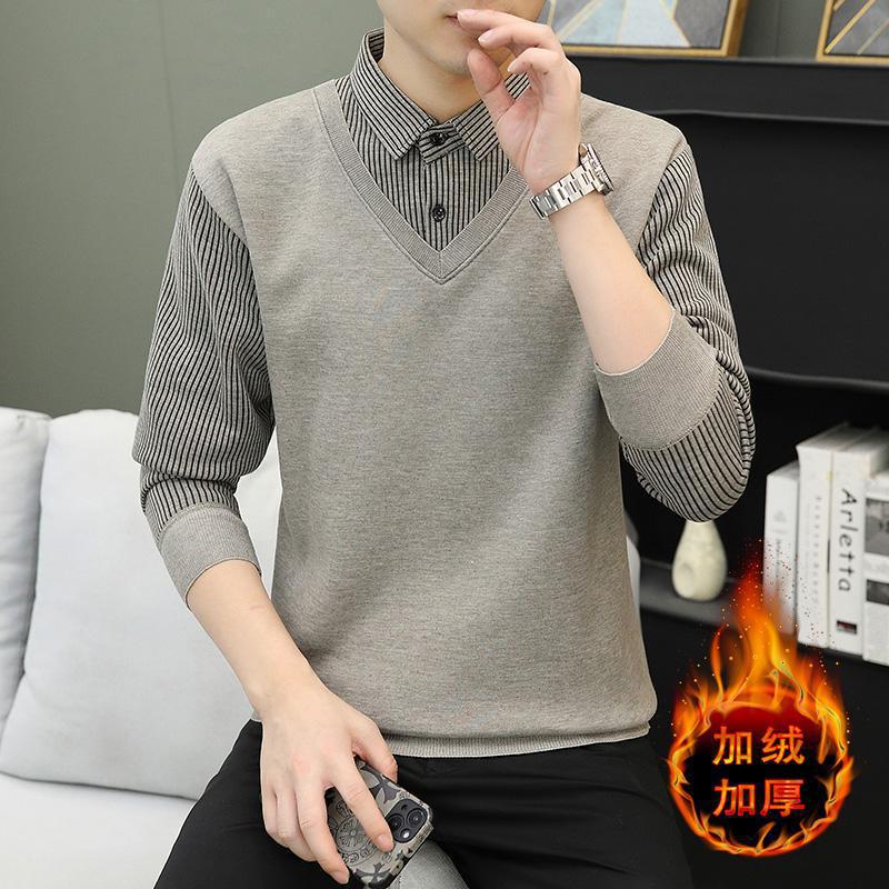 Wholesale men's fake two-piece shirt collar sweater 2024 winter fleece-lined striped casual top youth business handsome