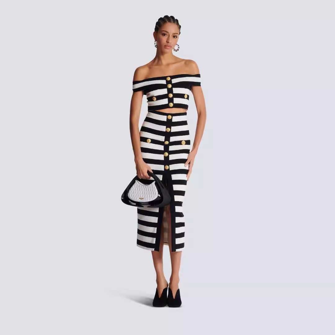 Cross-border New Black and White Striped Bandage Skirt European and American Fashion Shoulder Top Long Skirt Two-piece High Street Party Dress