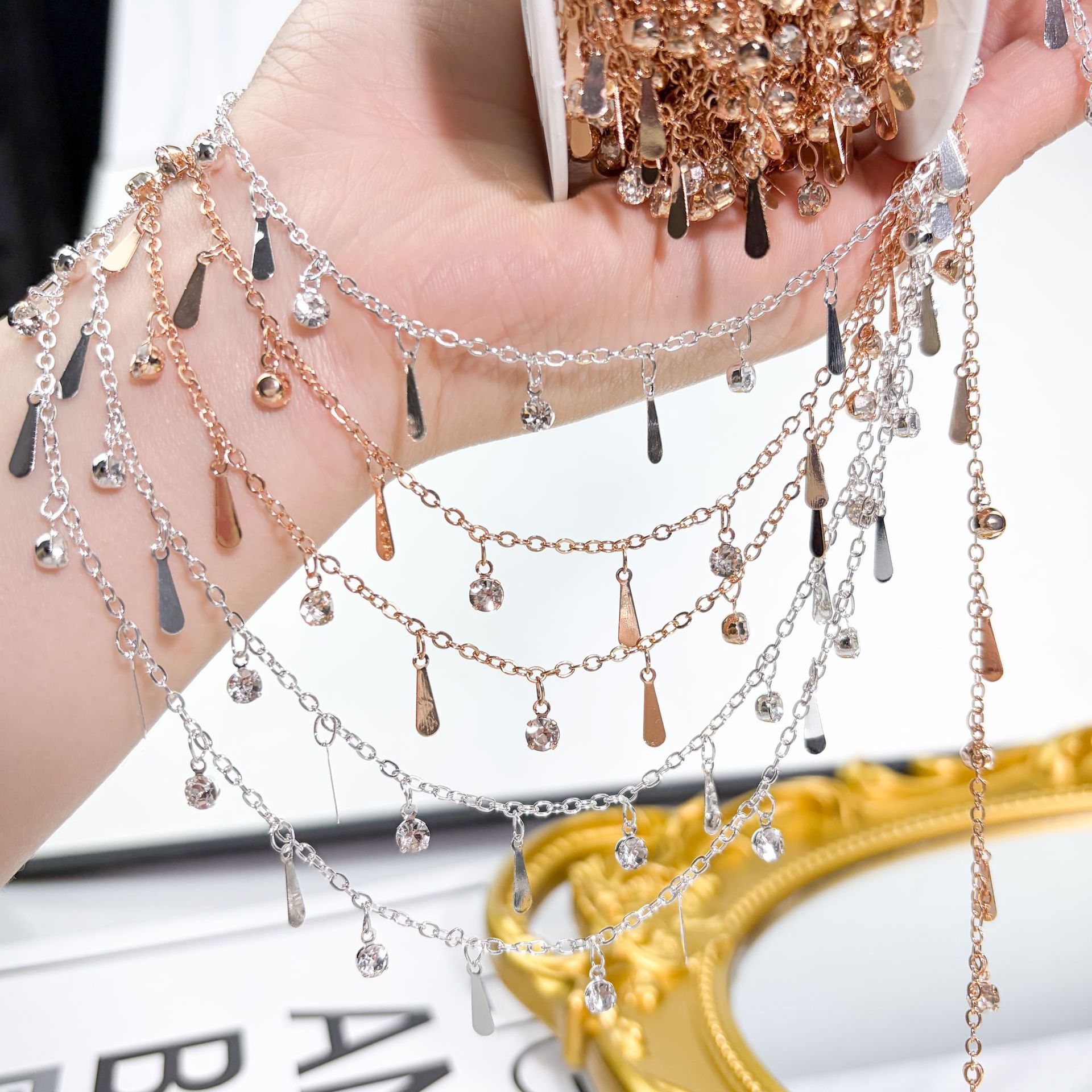 DIY Chain, Sequin Water Drop Chain, Color-Preserving Ancient Style Hair Accessory Tassel Chain, Clothing Accessories, DIY Rhinestone Water Drop Chain