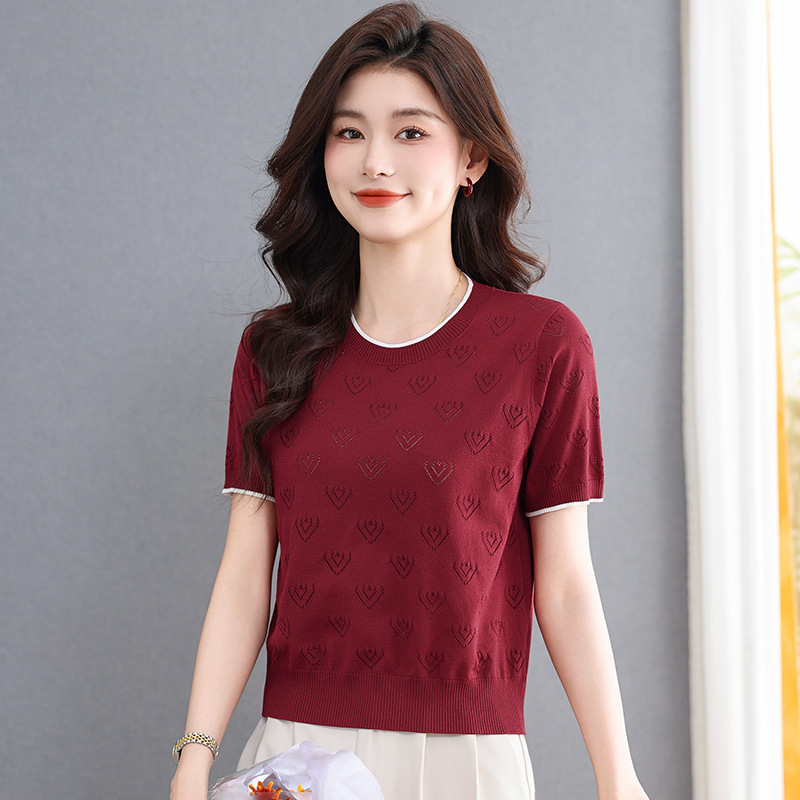 Summer 2026 New Style Heart Jacquard Stylish Knitted Blouse Ice Silk Short-Sleeve T-Shirt Women's Loose Slimming Top t