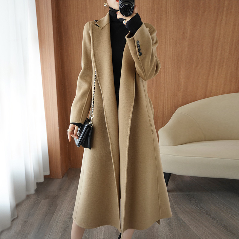 Camel Double-Sided Cashmere Outwear Women's Long Lace-Up Korean Style Loose Straight Autumn and Winter New Woolen Outwear