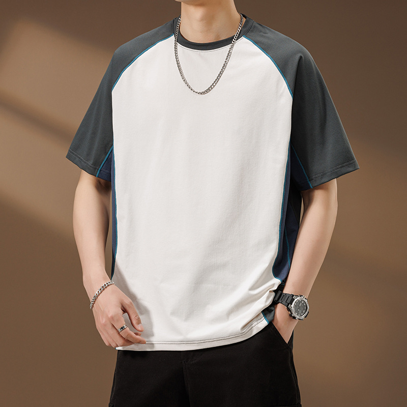 High-End Color-Blocked Raglan American-Style Short-Sleeved T-Shirt for Men, Summer Cool-Feeling Antibacterial Half-Sleeved Loose-Fitting Men's T-Shirt