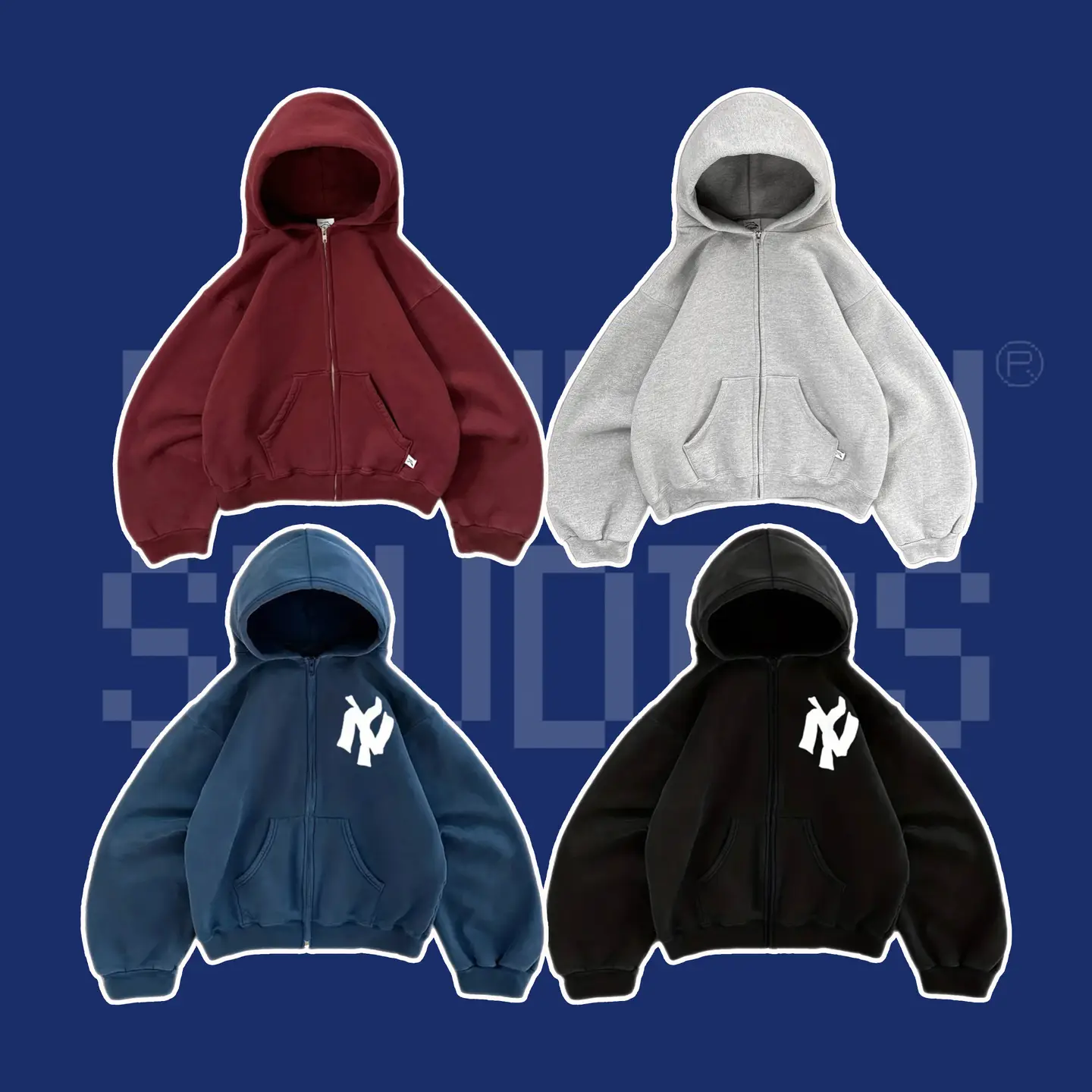 Fstu/Akimbo Club Zip Hoodie Zippered Fleece Sweatshirt Solid Color Versatile Loose Cardigan Jacket
